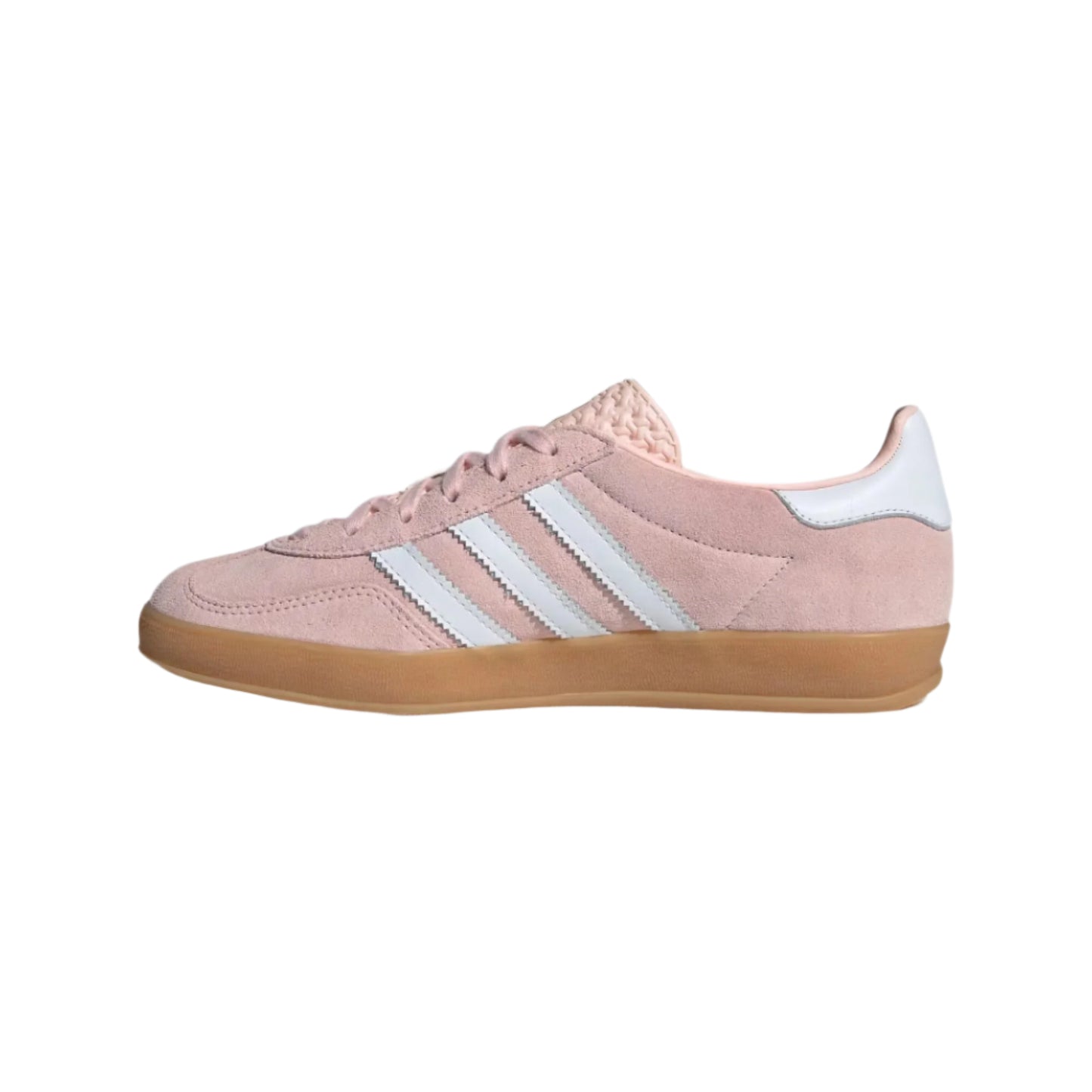 Pink Adidas sneaker with white stripes on a white background