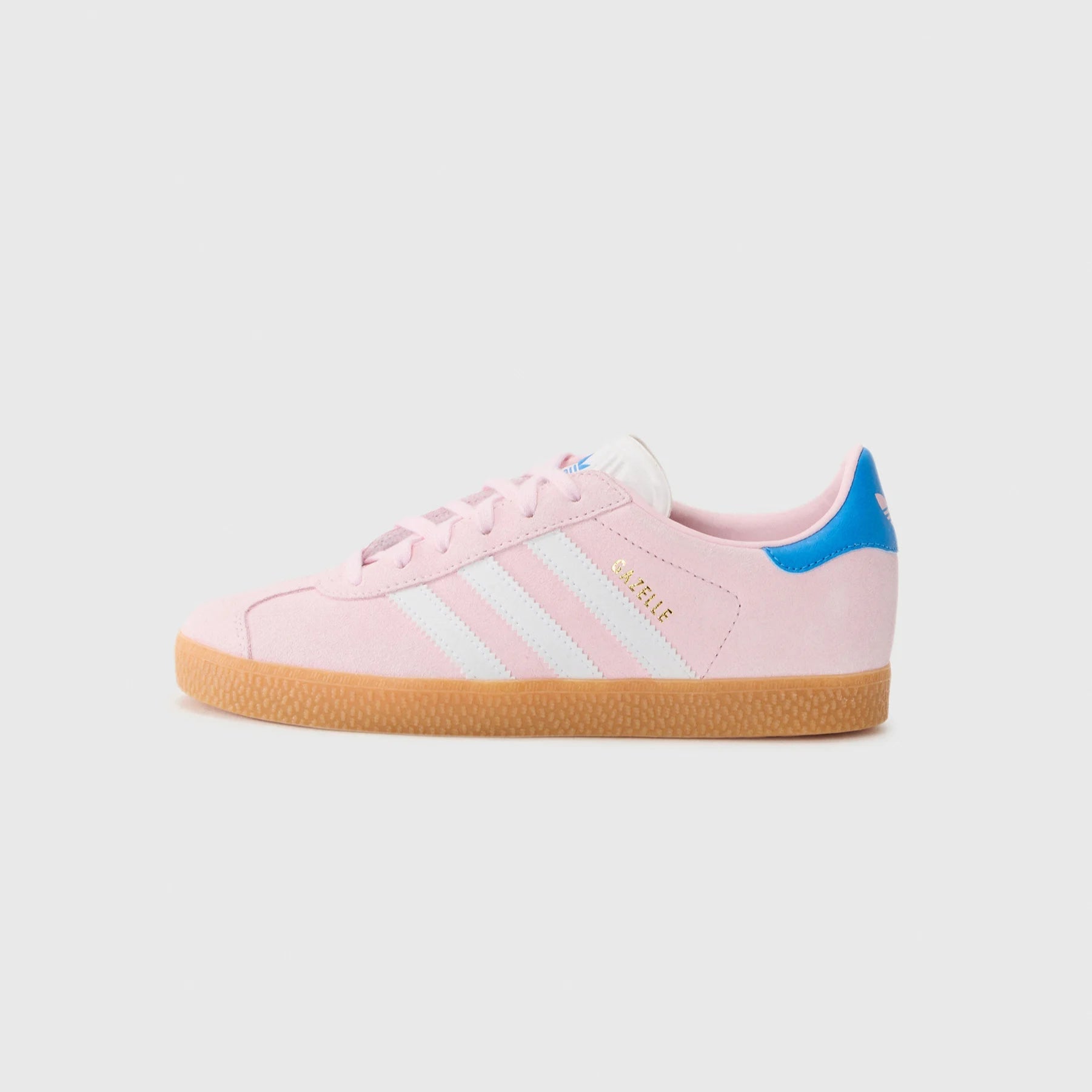 Pink Adidas sneaker with blue accents on a white background