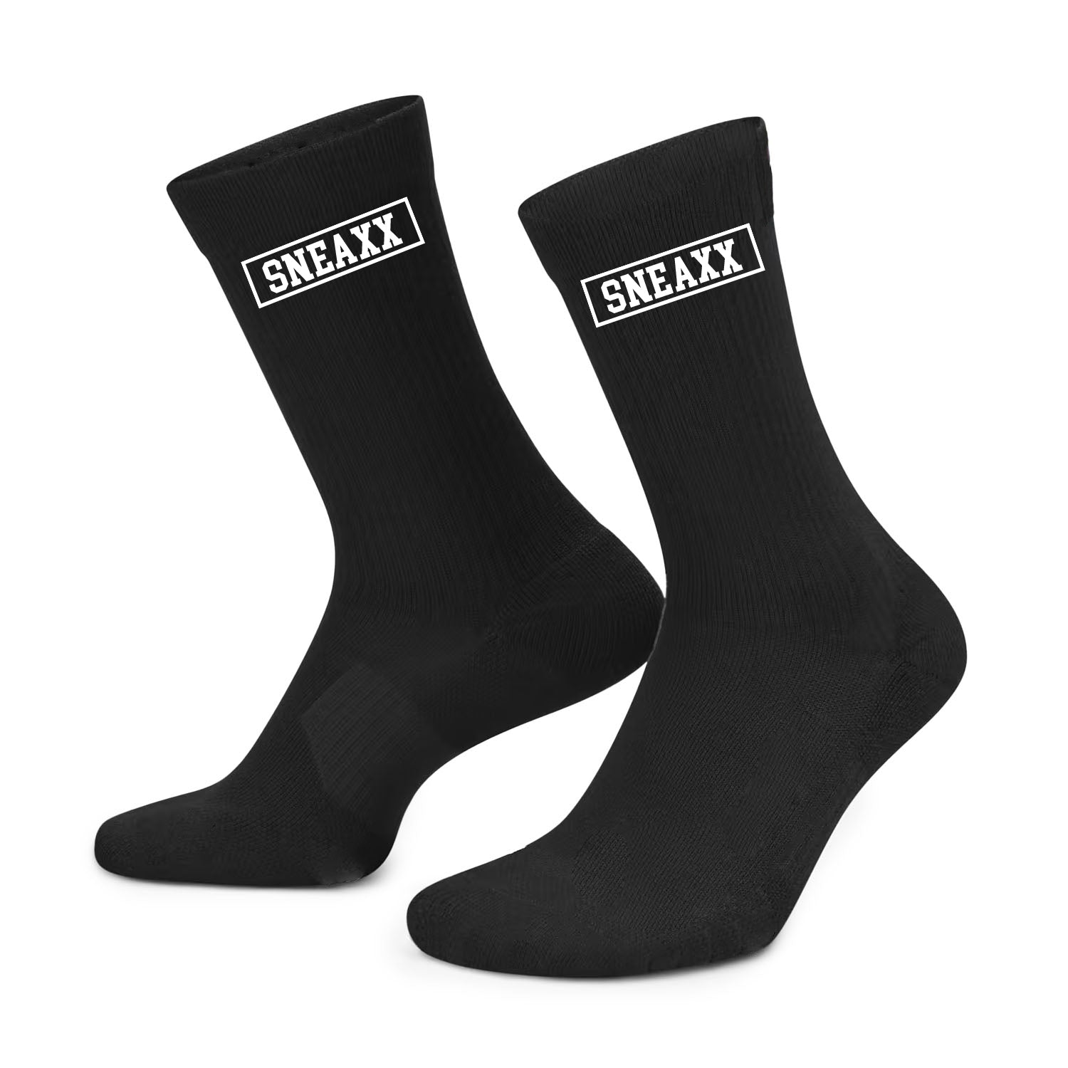 Black socks with 'SNEAXX' logo on a white background