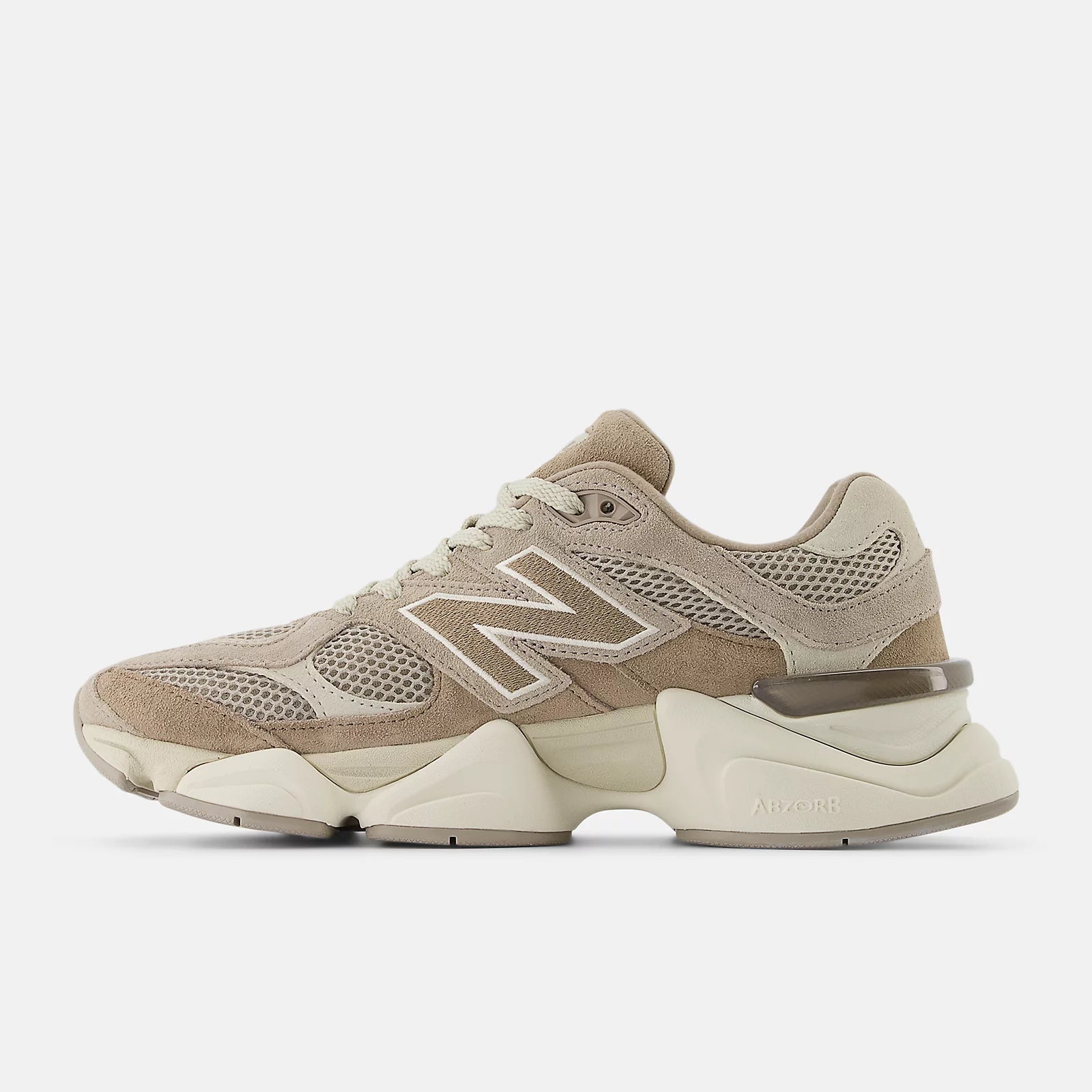 Beige sneaker with New Balance logo on a white background